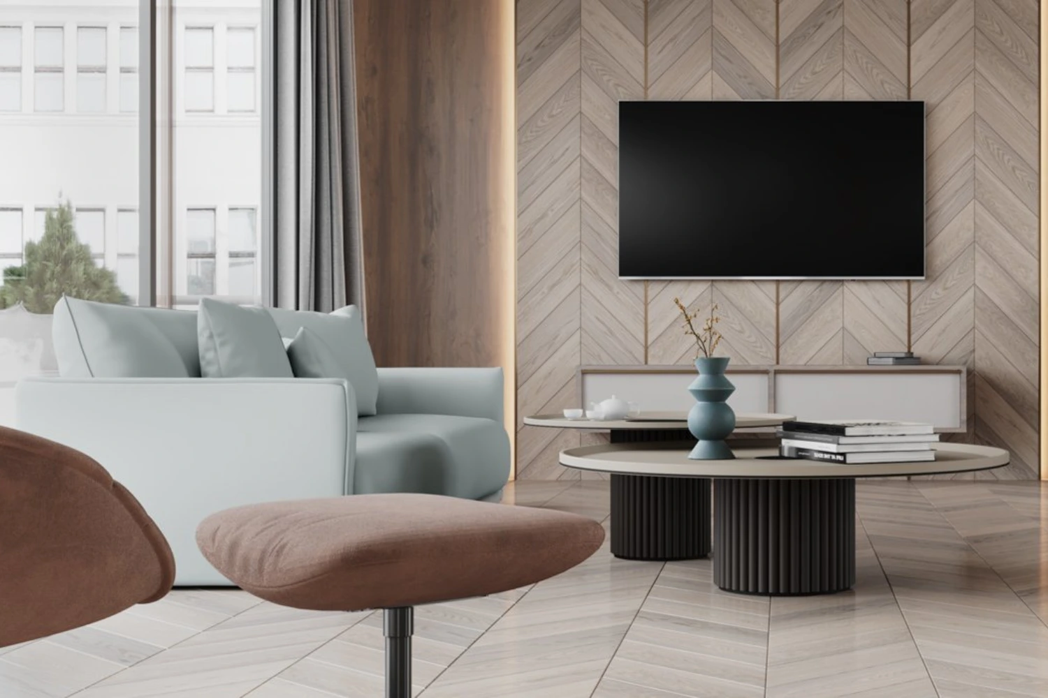 Przestronny minimalistyczny salon z akcentami skandynawskimi